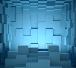 3d blue cube room background. product stand show. product presentation podium. the stage show background. minimal future concept. studio light design. sci fi background. square space. 3d rendering.