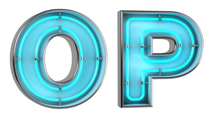 Alphabet O and P. Neon light 3d letter with glowing blue tubes. 3d illustration.