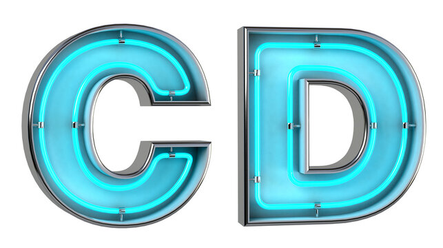 Alphabet C and D. Neon light 3d letter with glowing blue tubes. 3d illustration.