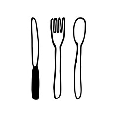 spoon, fork, knife set icon. sketch hand drawn doodle style. vector, minimalism, monochrome. cutlery, crockery, food, table setting.