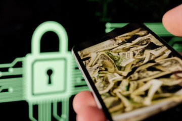 Bitcoin and cryptocurrency investing concept. Mobile phone application to trade Bitcoin BTC in...