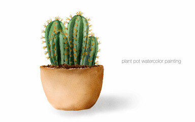 Watercolor painting small plant in pot succulents or cactus isolated on white background. © korkeng