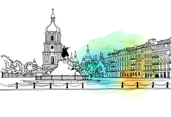 Obraz premium Nice cityscape of the old Kiev, Ukraine. Urban landscape in hand drawn sketch style. Ink line sketch. Vector illustration on blob watercolour. Without people.