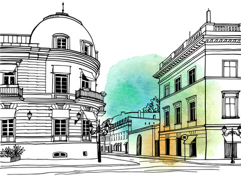Nice cityscape of old Odessa, Ukraine. Urban landscape in hand drawn sketch style. Ink line sketch. Vector illustration on blob watercolour. Without people.
