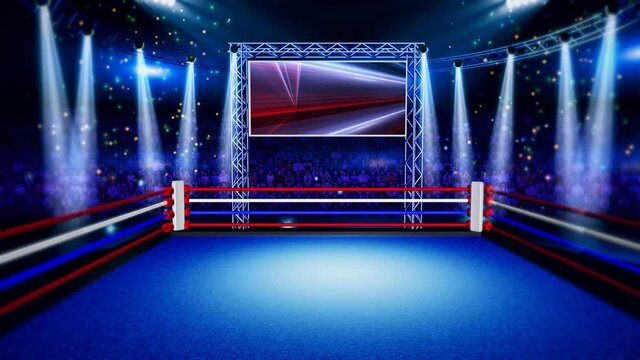 Wrestling Ring Background boxing ring surrounded by ropes spot lit by floodlights in an arena setting at night, Big crowd with camera flash