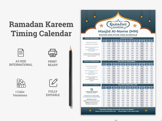 Ramadan Kareem Timing Calendar, A3 Islamic Ramadan Calendar, Ramadan Prayer Timing Calendar, Ramadan calendar, Ramadan schedule for Prayer times in Ramadan