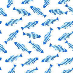 Beautiful vector fashinable seamless pattern with cute watercolor fish. Stock design illustration.