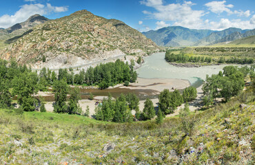 View of a picturesque valley, confluence of two rivers, Altai	