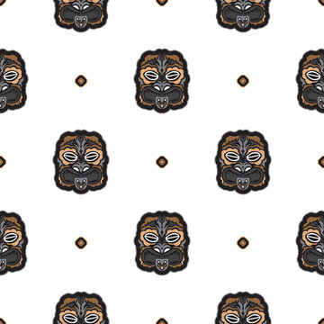 Seamless pattern with the face of the Polynesian tribesmen. Good for prints, backgrounds, cards, and textiles. Vector