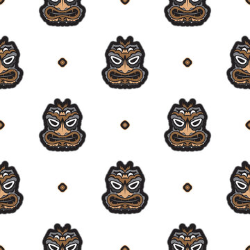 Seamless pattern with the face of the Polynesian tribesmen. Good for prints, backgrounds, postcards, wrapping paper, and textiles. Vector illustration.