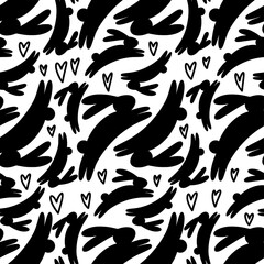 Easter seamless pattern with rabbits and hearts black and white. Vector illustration