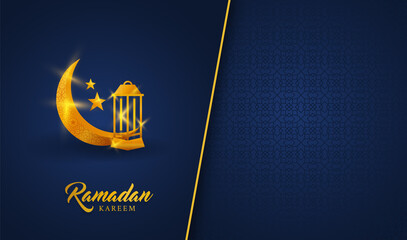 Ramadan Kareem Greetings Card Background, Islamic Holiday Invitations with crescent moon lanterns star gold shing illustrations