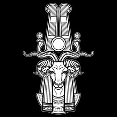 Animation portrait Ancient Egyptian god Khnum. Deity of Nile source, god with ram. Vector illustration isolated on a black background. Print, poster, t-shirt, tattoo.