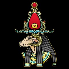 Animation color portrait Ancient Egyptian god Khnum. Deity of Nile source, god with ram. Profile view.  Vector illustration isolated on a black background. Print, poster, t-shirt, tattoo.