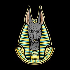 Animation color  portrait Ancient Egyptian god Anubis. Deity with canine head. God of death. Vector illustration isolated on a black background. Print, poster, t-shirt, tattoo.