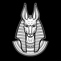 Animation portrait Ancient Egyptian god Anubis. Deity with canine head. God of death. Vector illustration isolated on a black background. Print, poster, t-shirt, tattoo.