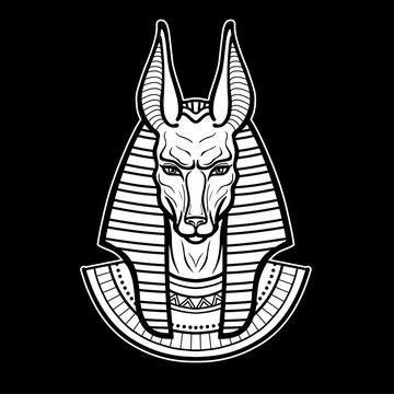 recommend clip art: Animation portrait Ancient Egyptian god Anubis. Deity with canine head. God of death. Vector illustration isolated on a black background. Print, poster, t-shirt, tattoo.