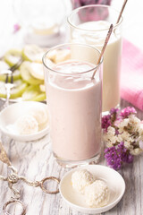Fruity oghurt smoothie and fresh fruit for breakfast