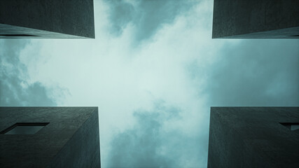Architectural Abstract Concrete Blocks And Sky, 3d Rendering
