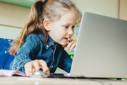 School girl  is studying online. Home schooling. Distance education. 