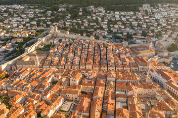 Obraz premium Aerial drone shot of Dubrovnik old town in sunrise sun light in Croatia summer