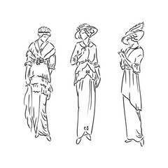 Antique dressed lady. Old fashion vector illustration. Victorian woman in historical dress. Vintage stylized drawing, retro woodcut style