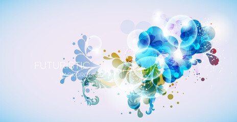 Abstract background with multicolored geometric shapes, bubbles and silhouettes of leaves, vector illustration. Multifunctional design can be used as a festive background, postcard.