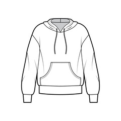 Hoody sweatshirt technical fashion illustration with long sleeves, oversized body, kangaroo pouch, banded hem, drawstring. Flat large apparel template front, white color. Women, men, unisex CAD mockup
