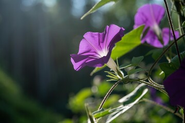 ピンク色のアサガオを逆光の森背景で撮影