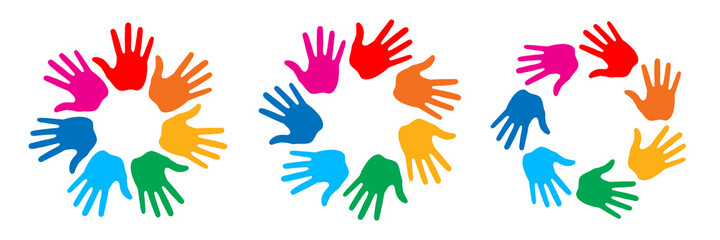 Hand Print circle icon set. Colorful bright design element. Handprint emblems. Hand round insignia. Vector logo