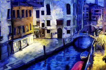 Modern impressionism, original oil painting on canvas. Evening in beautiful Venice, Italy. Light reflections in canal