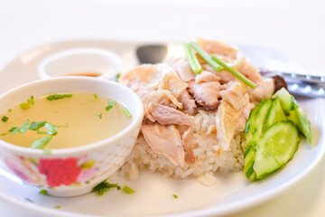 Close-up chicken rice on a white table