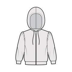 Zip-up Hoody sweatshirt technical fashion illustration with elbow sleeves, relax body, banded hem, drawstring. Flat small apparel template front, grey color style. Women, men, unisex CAD mockup