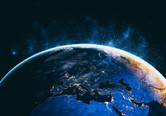 Planet earth globe view from space showing realistic earth surface and world map as in outer space...