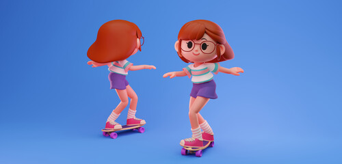 3d render illustration of cute teenager girl character standing on skateboard, surfskate, playing, riding, having fun, skateboarding front view and back view