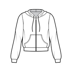 Zip-up Hoody sweatshirt technical fashion illustration with long sleeves, relax body, kangaroo pouch, banded hem, drawstring. Flat apparel template front, white color. Women, men, unisex CAD mockup