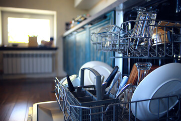 open dishwasher in the kitchen, dishes inside, clean plates in the kitchen lifestyle view