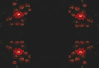 red floral background with flowers on the corner