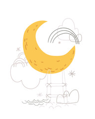 Cute cartoon moon and stars. Print for baby posters, cards, clothes. Vector cartoon illustration.