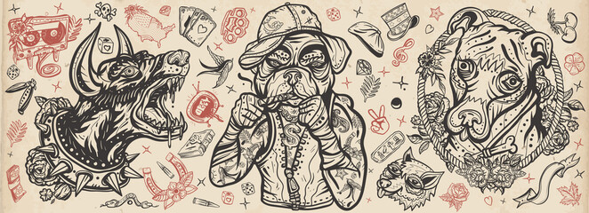 Dogs. Evil doberman, street crime boxer bulldog, honey staffordshire terrier. Canine art. Old school tattoo vector collection. Traditional tattooing style. Cartoon animals character
