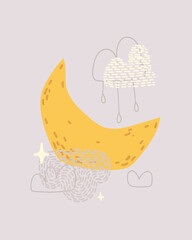 Cute cartoon moon and stars. Print for baby posters, cards, clothes. Vector cartoon illustration.