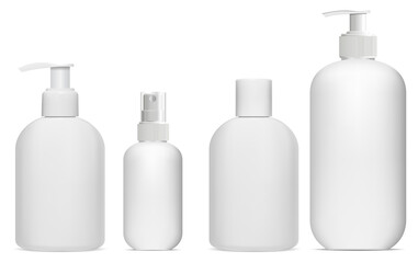 Cosmetic bottle mockup. Cosmetic product package. Pump container collection. Cosmetic essence spray, luxury hygiene collection. body spa lotion, white plastic template. Skin milk vial