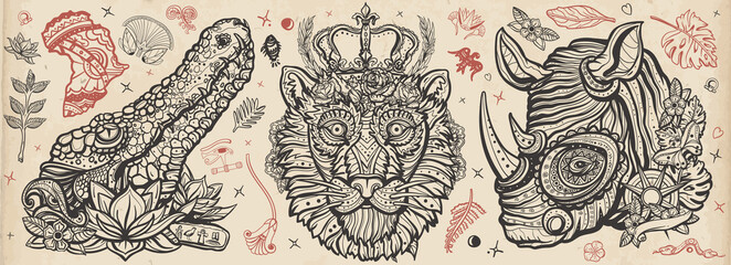 African wild animals portrait. Royal lion, evil crocodile and romantic rhino. Zoo art. Safari in Africa. Traditional retro tattooing style. Old school tattoo vector collection © intueri