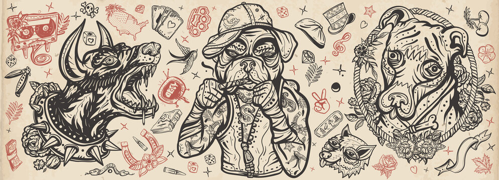 Dogs. Evil doberman, street crime boxer bulldog, honey staffordshire terrier. Canine art. Old school tattoo vector collection. Traditional tattooing style. Cartoon animals character © intueri