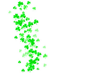 Saint patricks day background with shamrock. Lucky trefoil confetti. Glitter frame of clover leaves. Template for voucher, special business ad, banner. Happy saint patricks day backdrop.