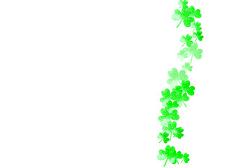 Shamrock background for Saint Patricks Day.  Lucky trefoil confetti. Glitter frame of clover leaves. Template for special business offer, banner, flyer. Dublin shamrock background.