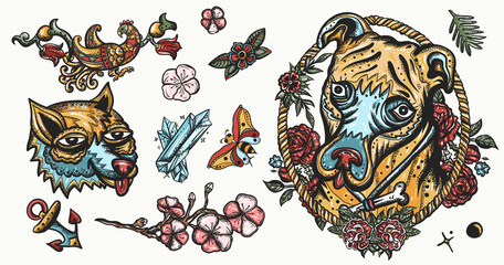 Dogs. Honey staffordshire terrier. Cartoon animals character. Canine art. Old school tattoo vector collection. Traditional tattooing style