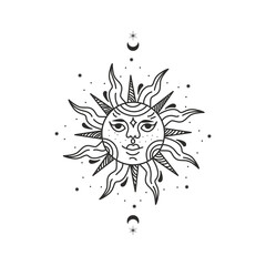 Vector illustration of sun. Graphic design. Tatoo.