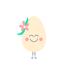 Cute happy chicken egg with flower. Vector flat cartoon character illustration icon design.Isolated on white background. Chicken egg, Easter concept