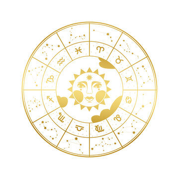 Vector illustration of sun with zodiac and constellations signs. Gold gradient. The illustration is isolated.